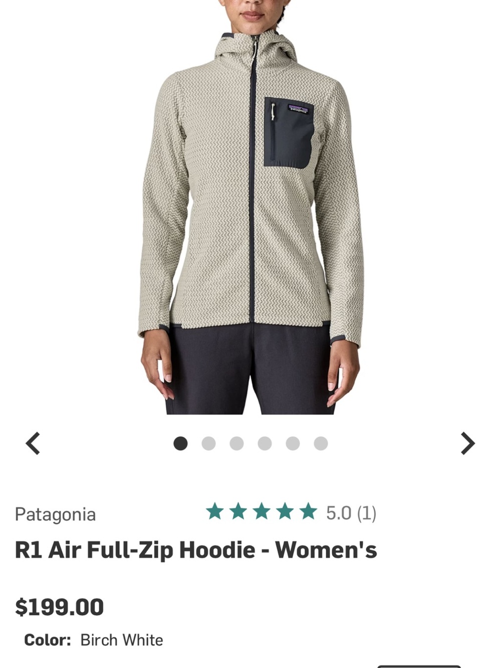Patagonia Women's R1 Air Full-Zip Hoodie in Birch White with Black Chest Pocket